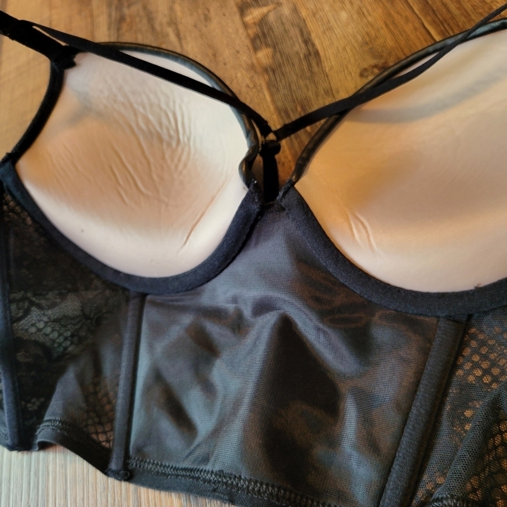Victoria's Secret Very Sexy Black Faux Leather Lace Mesh Push Up Corset Top - Picture 6 of 8